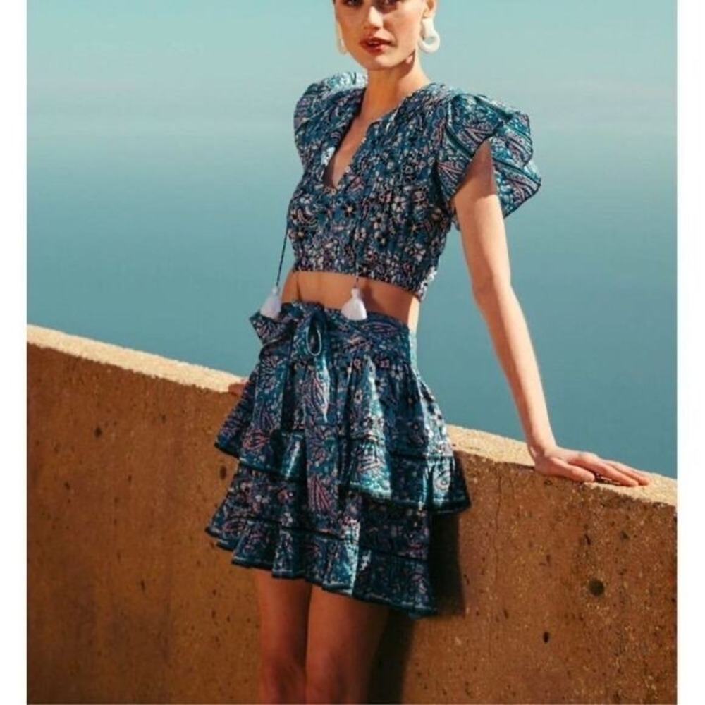 Cleobella Sadie Blue Paisley Ruffle Tiered Mini Skirt & Crop Top Set XS S Boho